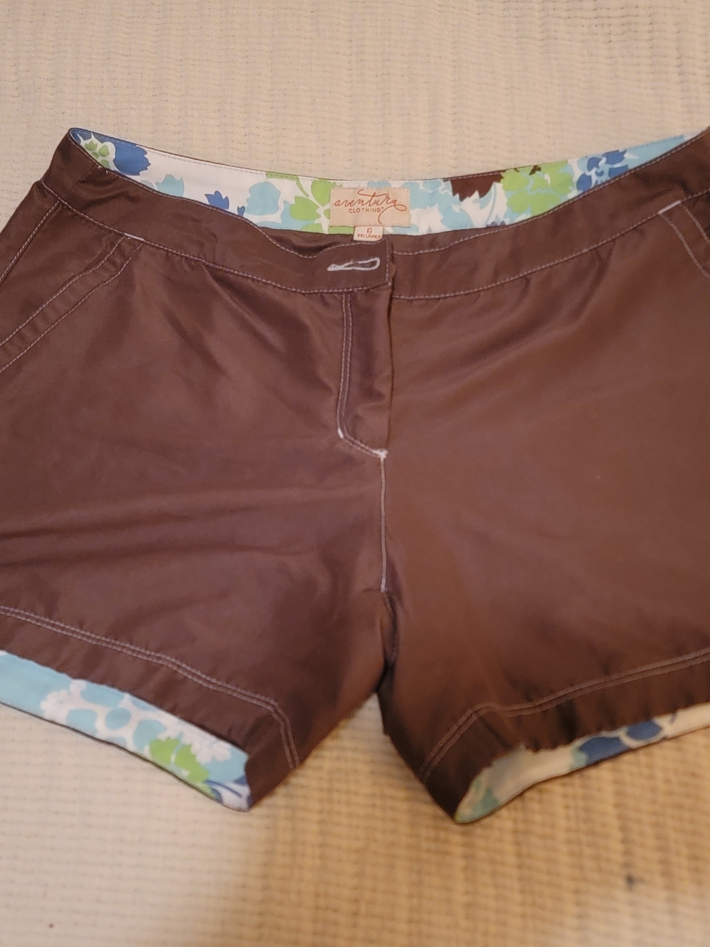 Aventura Brown Swim Shorts with Blue-Green Floral Trim Comfy For Paddleboarding